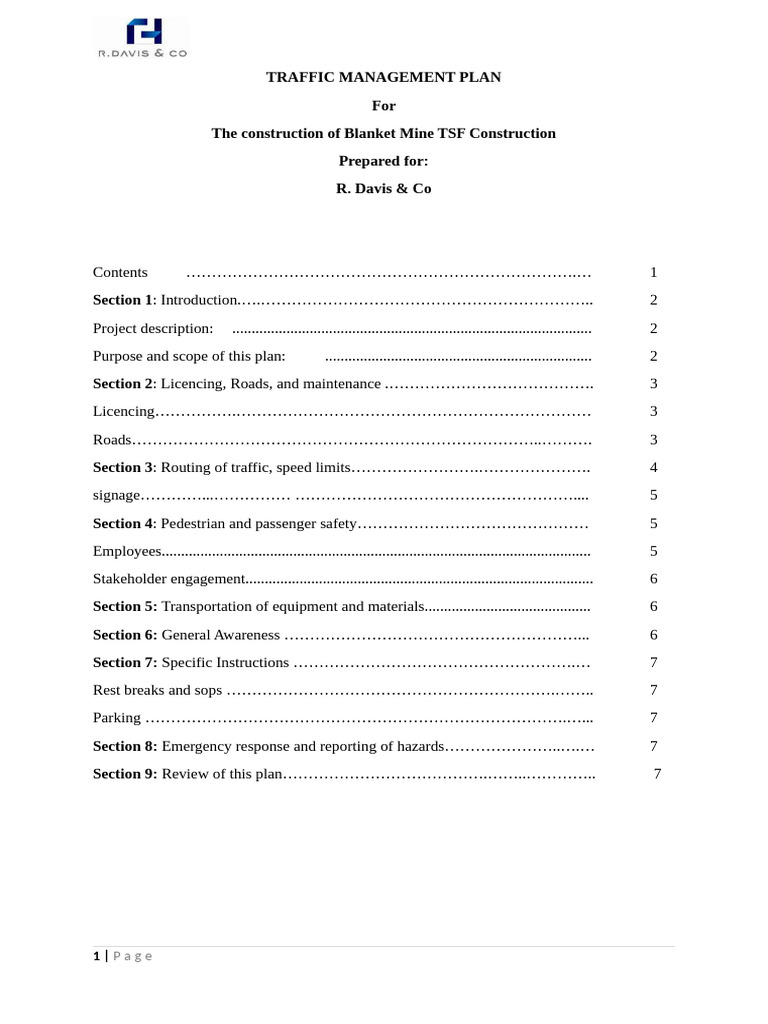 Traffic Management Plan for Blanket Mine TSF | PDF | Road | Traffic