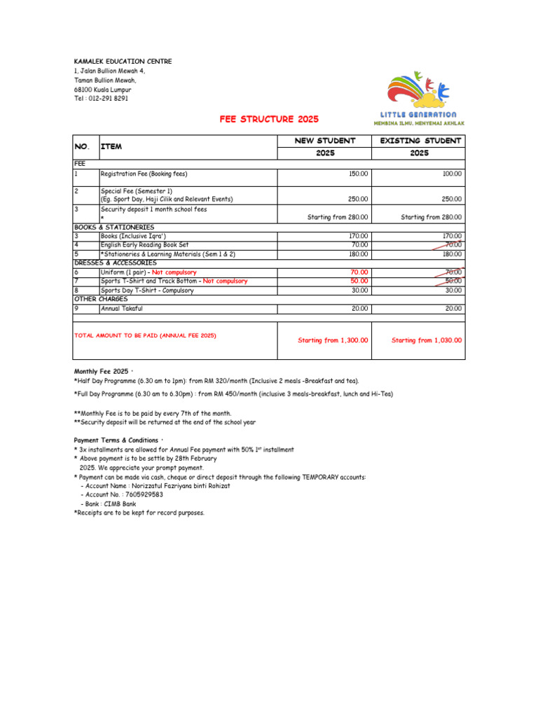Kamalek Education Centre Fee Structure 2025 | PDF | Payments | Banking