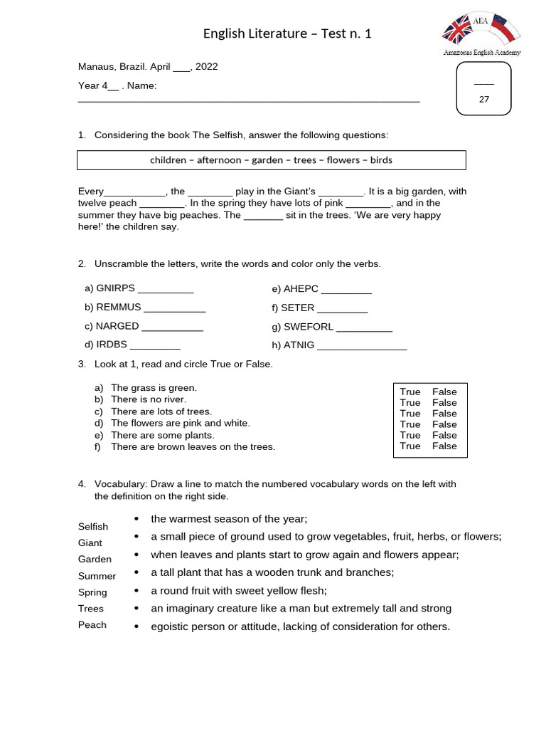 English Literature Test: The Selfish Giant | PDF