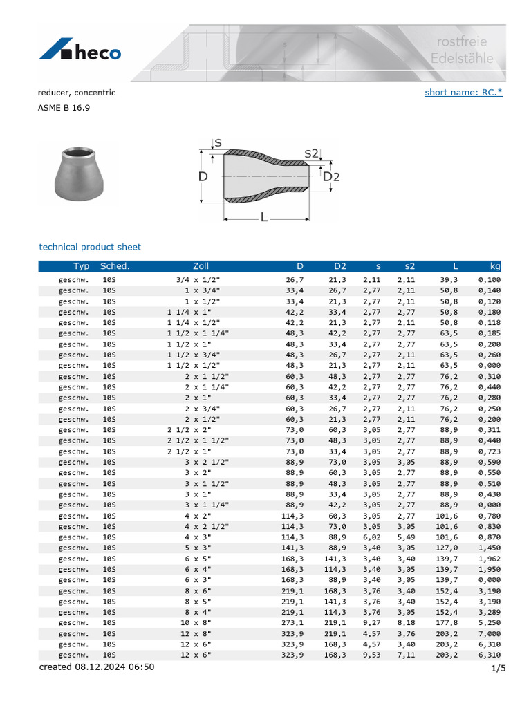 Fiches techniques de réducteurs ASME B16.9 | PDF