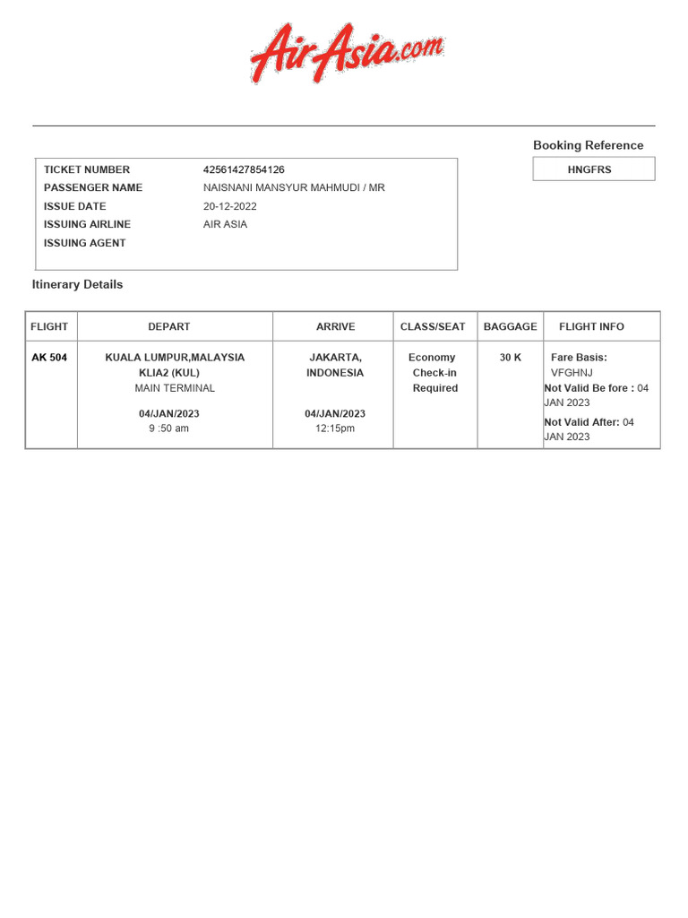 Air Asia Flight Booking Details | PDF