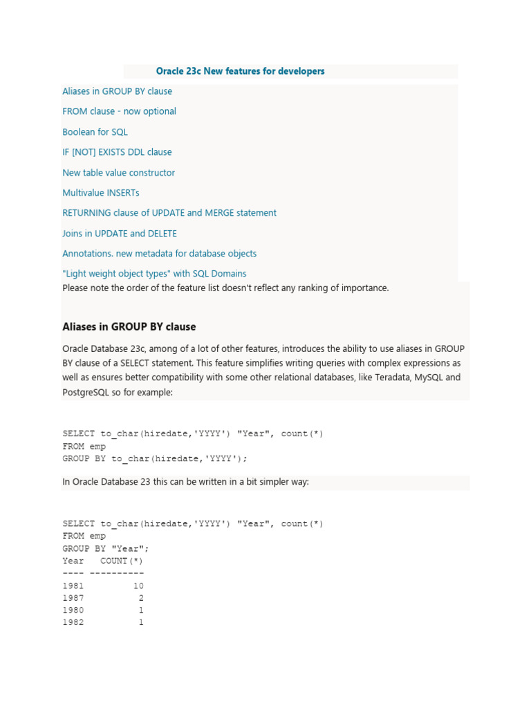 Oracle 23c New Features 1723575787 | PDF | Metadata | Boolean Data Type