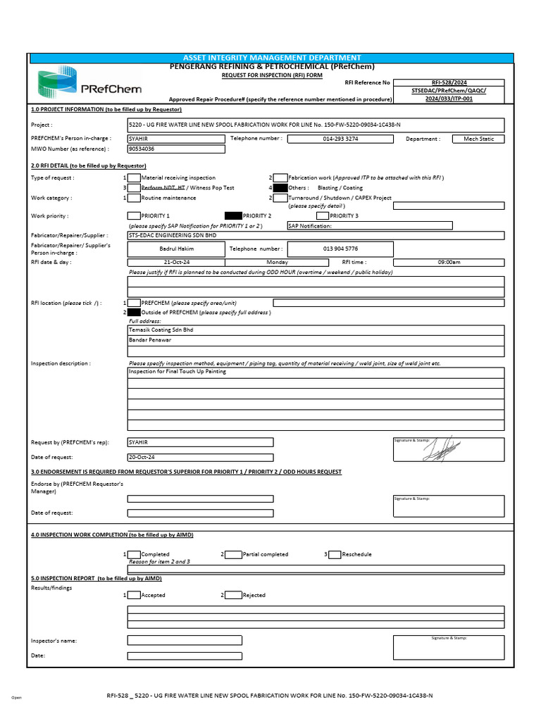 RFI-528 - 5220 - UG FIRE WATER LINE NEW SPOOL FABRICATION WORK FOR LINE ...