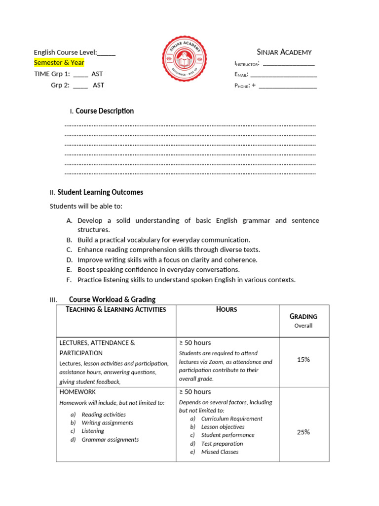 Syllabus - Format For TEACHERS | PDF | Reading Comprehension | Homework