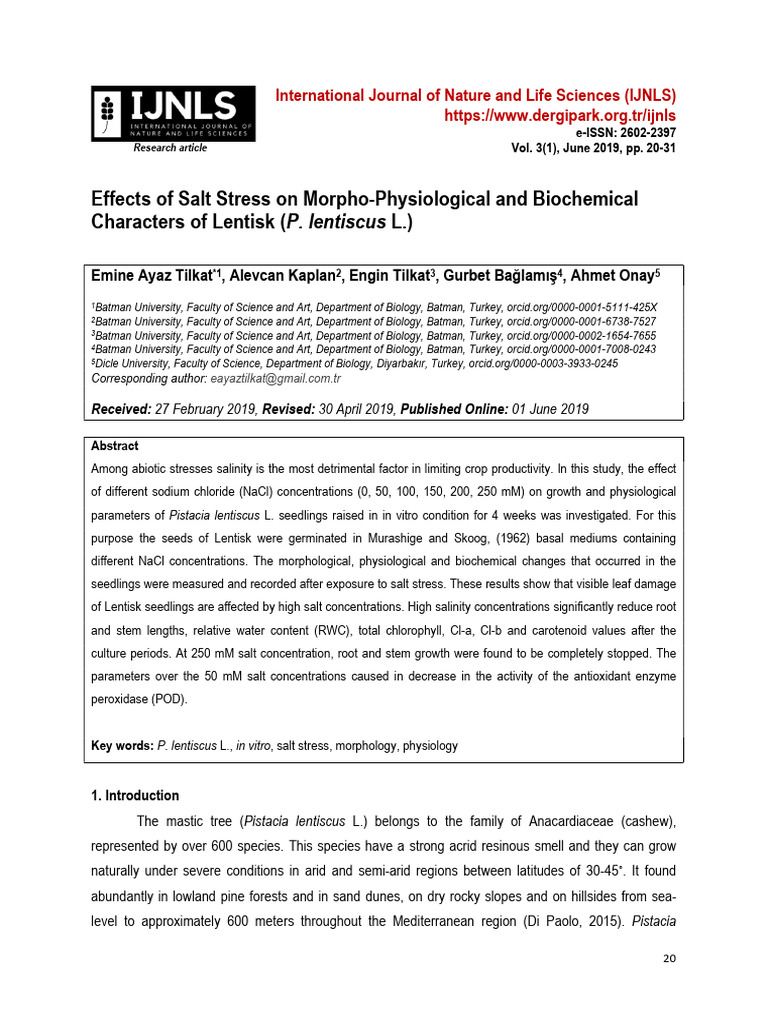 Effects of Salt Stress On Morpho-Physiological and Biochemical ...