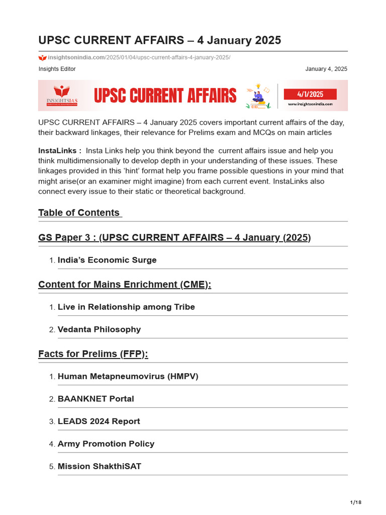 UPSC Current Affairs - 4 Jan 2025 | PDF | Vedanta | Brahman