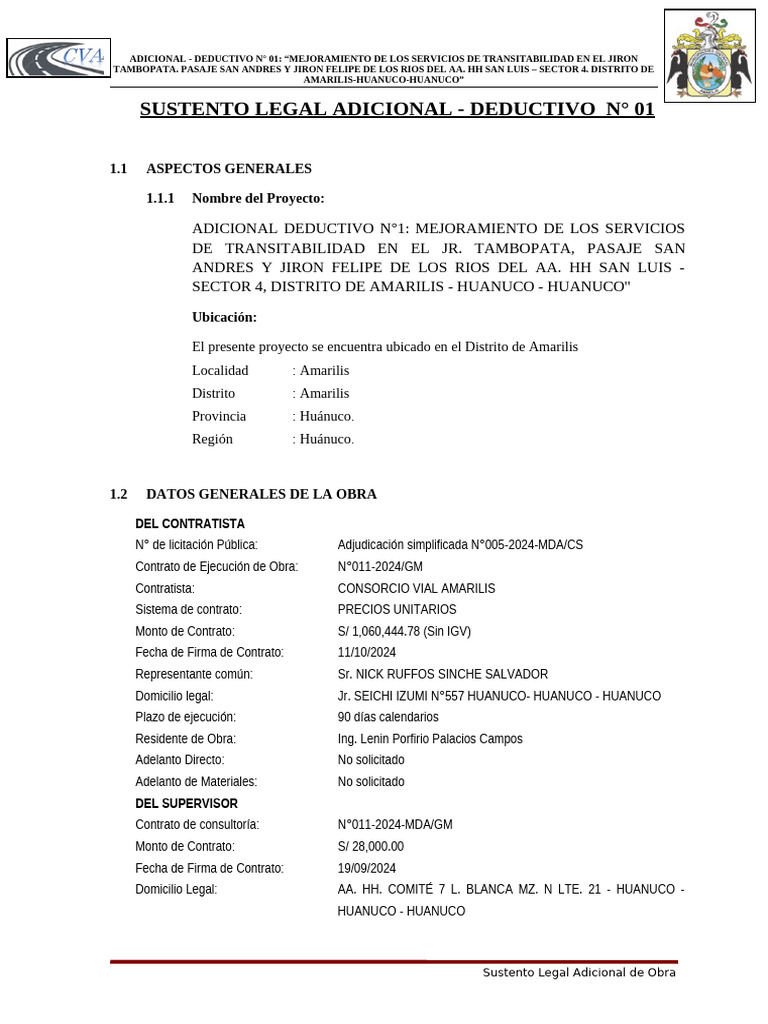 SUSTENTO LEGAL ADICIONAL DE OBRA (Verificar) | PDF | Presupuesto ...