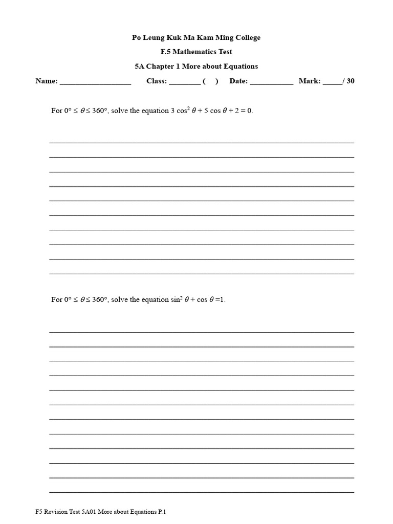 F5 Mathematics Test: Equations Practice | PDF | Equations | Mathematics