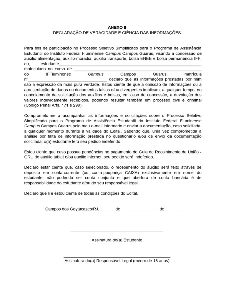 ANEXO+II+-+Declaração+de+veracidade+e+ciência+das+informações | PDF