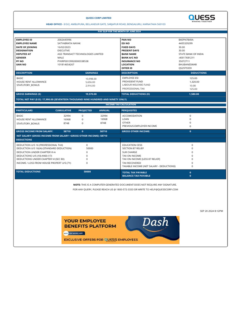 June 2024 Pay Slip Summary | PDF | Tax Deduction | Taxes