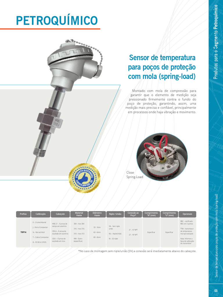 03 Petroquimico Sensor de Temperatura para Pocos de Protecao Com Mola ...