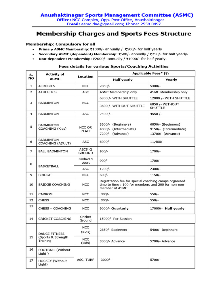 ASMC Membership and Sports Fees Structure | PDF | Sports | Games Of ...