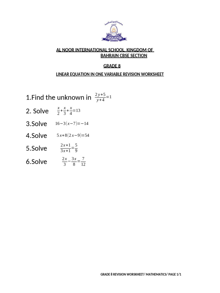 Grade 8 Math Revision Worksheet | PDF