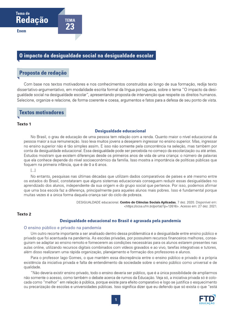 Desigualdade Social e Escolar no Brasil | PDF | Desigualdade social ...