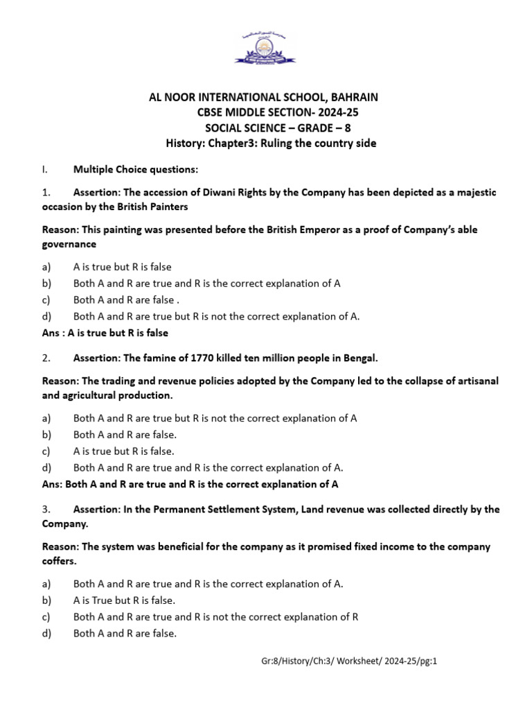 Class 8 History: Ruling the Countryside Worksheet | PDF | Economies
