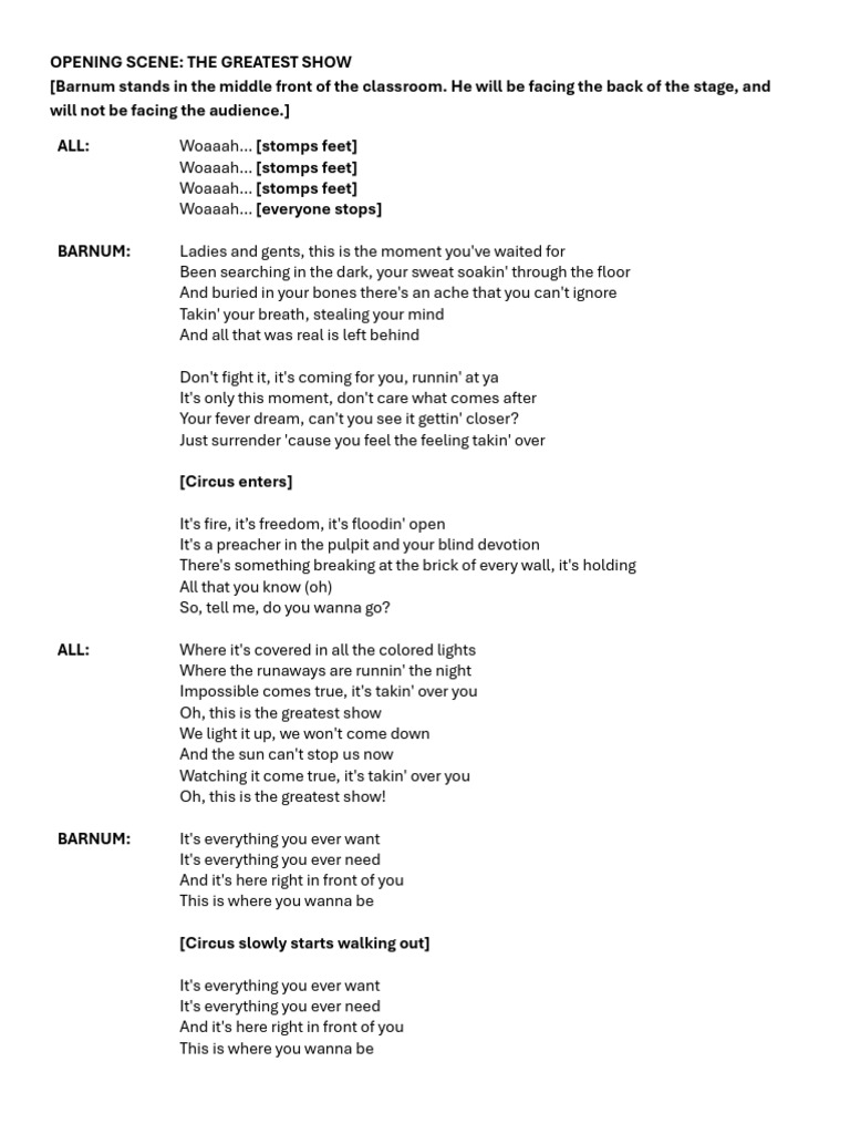 Greatest Show Opening Scene Script | PDF | P. T. Barnum