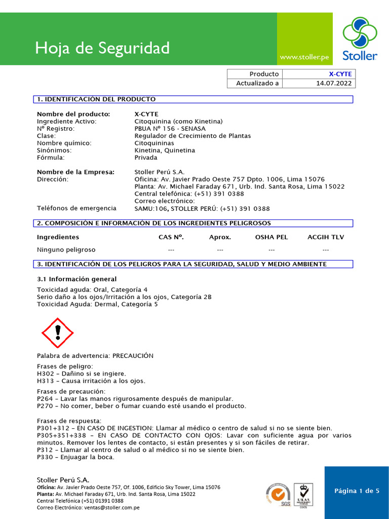 Hoja de Seguridad del Producto X-CYTE | PDF | Agua | Residuos