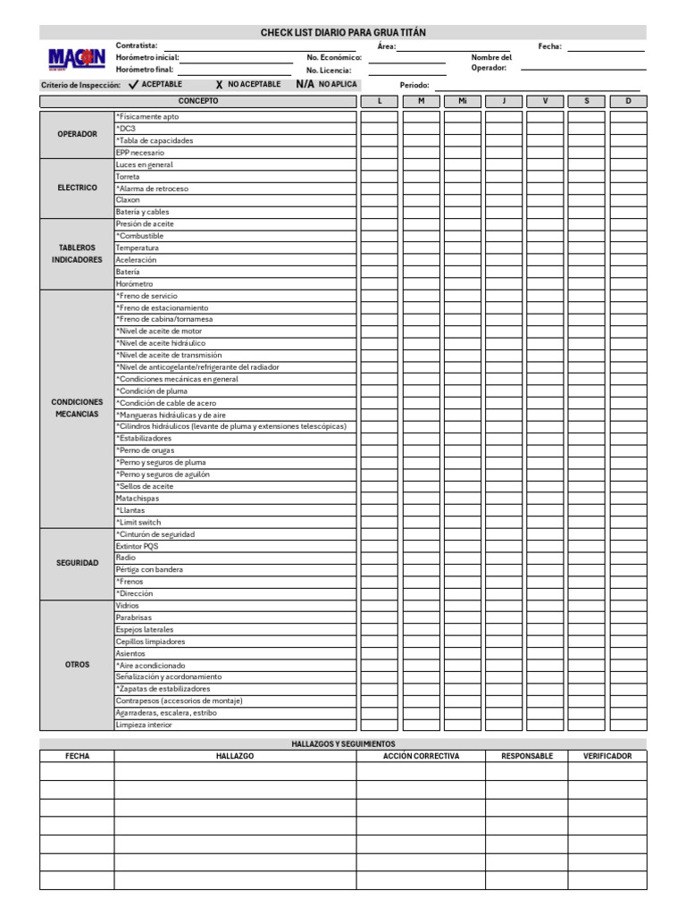 Check List Diario Grua Titán | PDF | Coche | Tecnología de vehículos