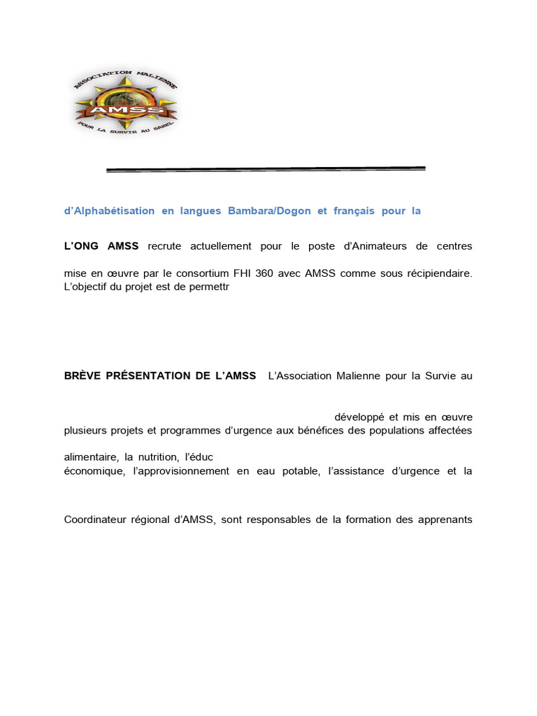 Recrutement Animateurs AMSS 2025 | PDF | Harcèlement | Mali