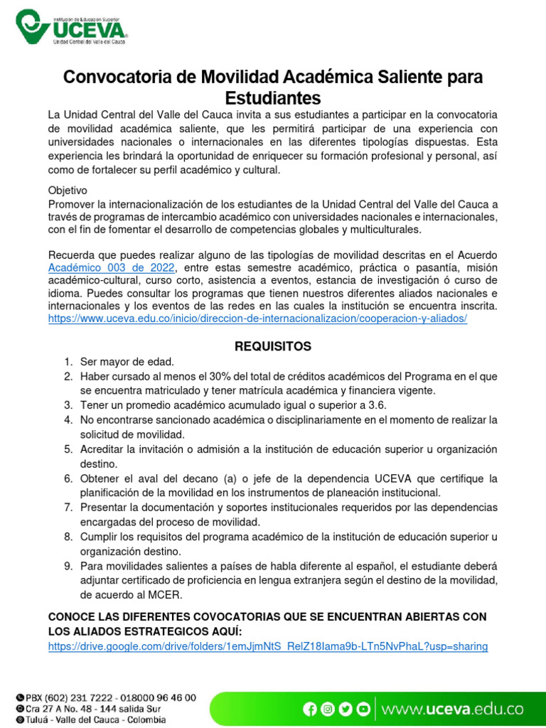 Convocatoria de Movilidad Academica Saliente para Estudiantes 2025 1 ...