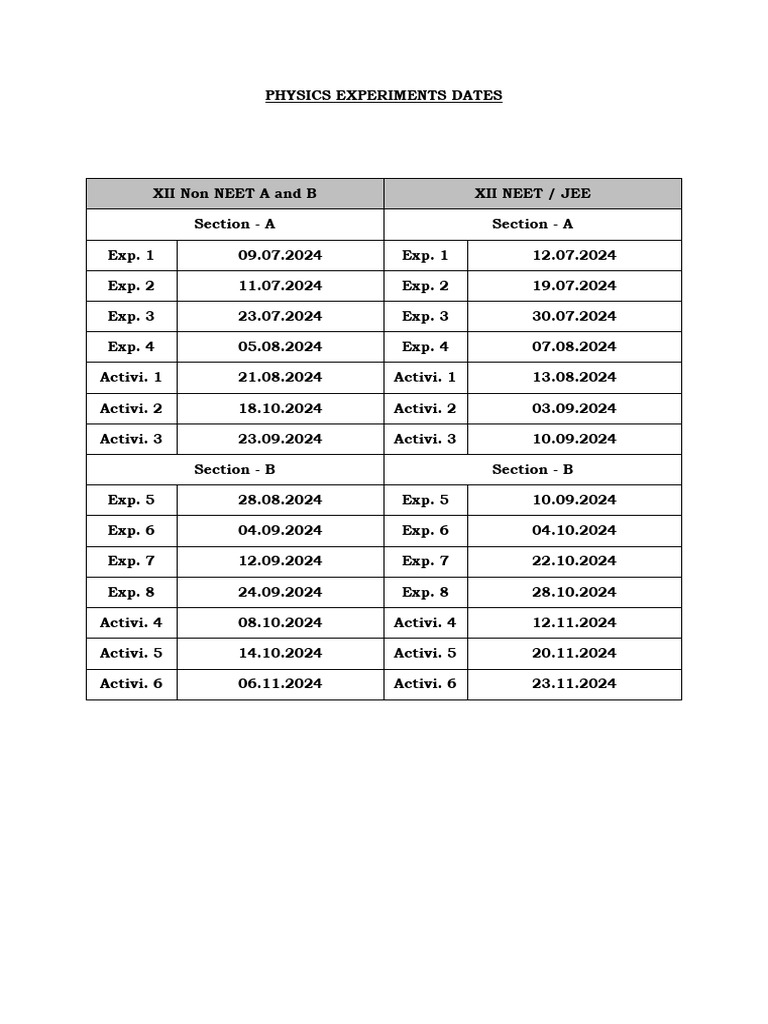 Physics Experiments Schedule 2024 | PDF