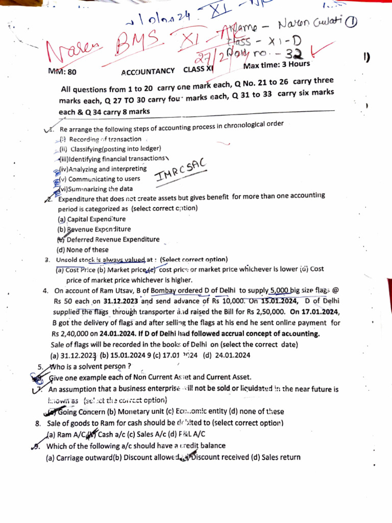 Class 11 Accounting Question Paper 2024 | PDF | Debits And Credits ...