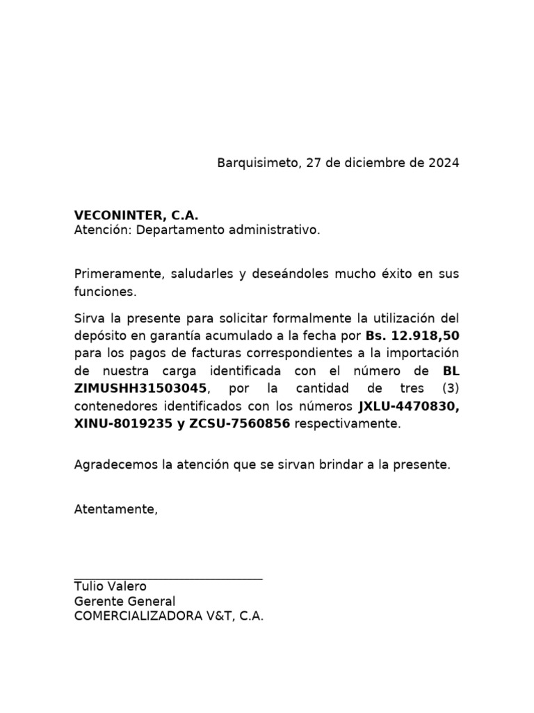 Solicitud de Uso de Depósito en Veconinter | PDF