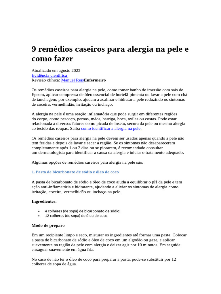 Remédios Caseiros para Alergia na Pele | PDF | Alergia