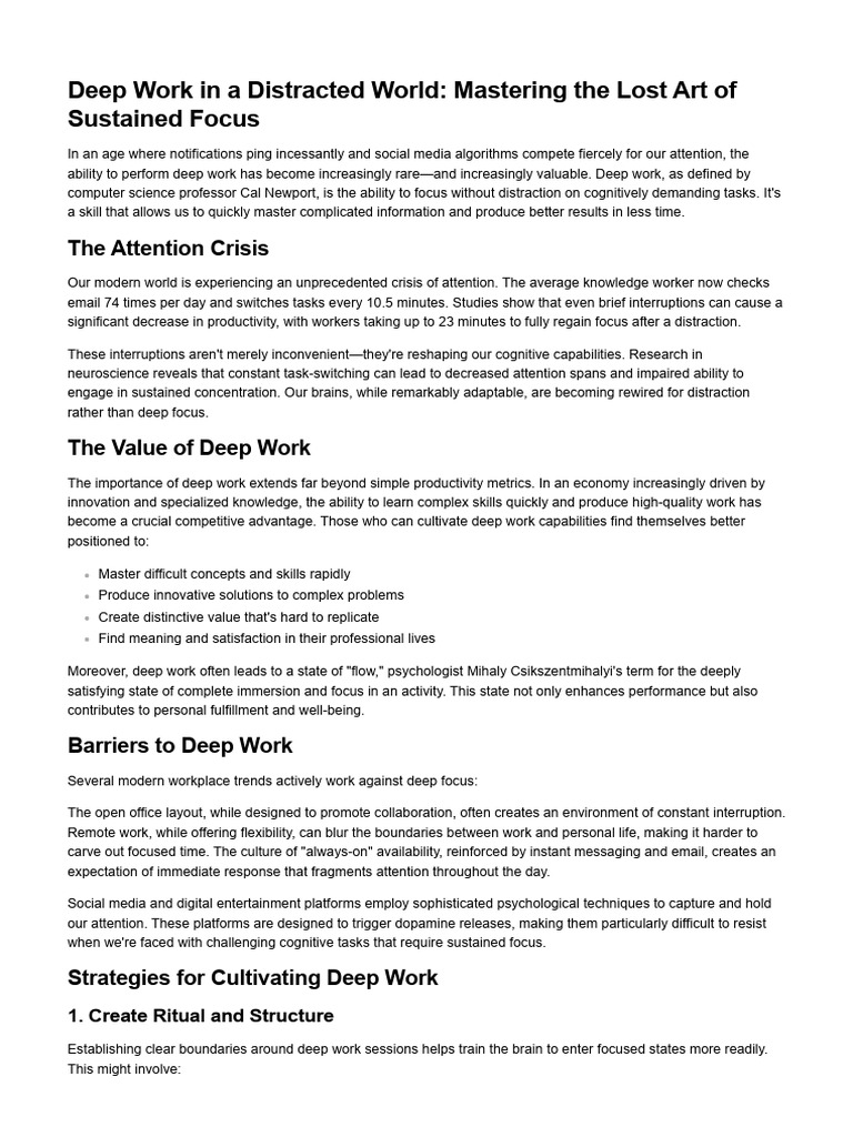 Deep work in a distracted world pdf attention cognition