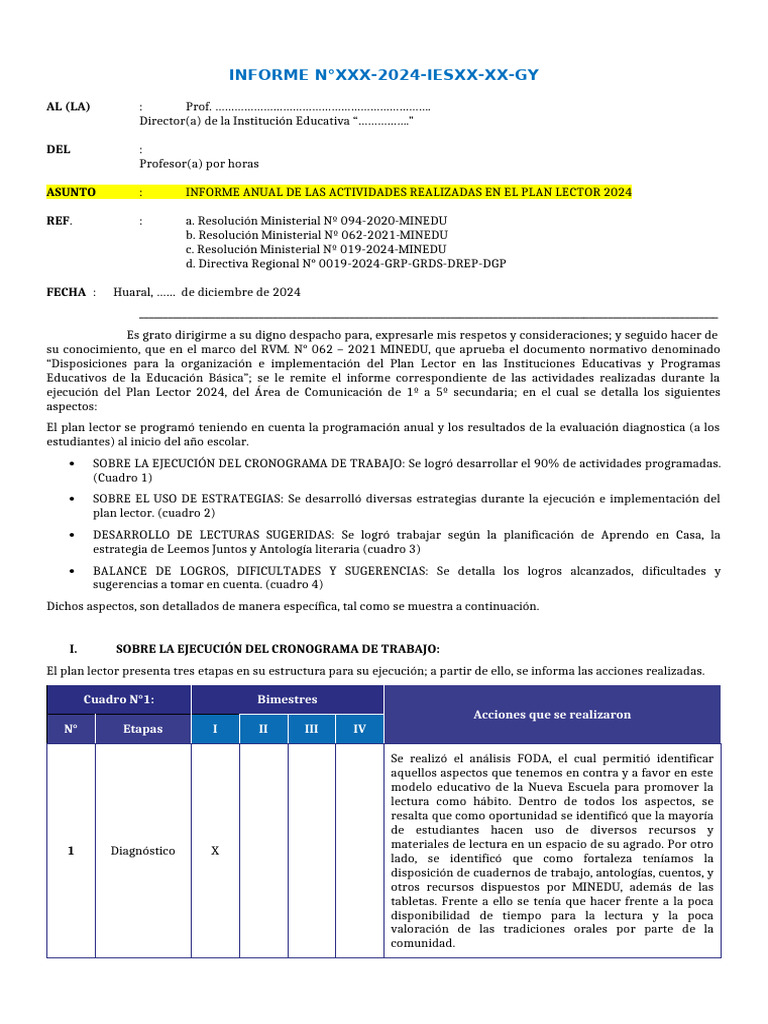 COM 2024 - Informe de Plan Lector | PDF | Evaluación | Aprendizaje
