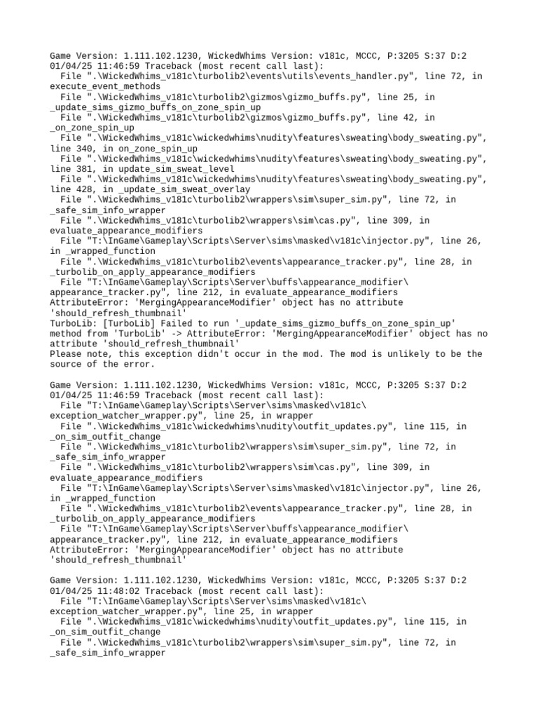 WickedWhims v181c Error Log Analysis | PDF | Software | Computing