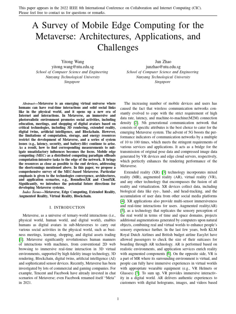 Survey of Mobile Edge Computing For Metaverse | PDF | Augmented Reality ...