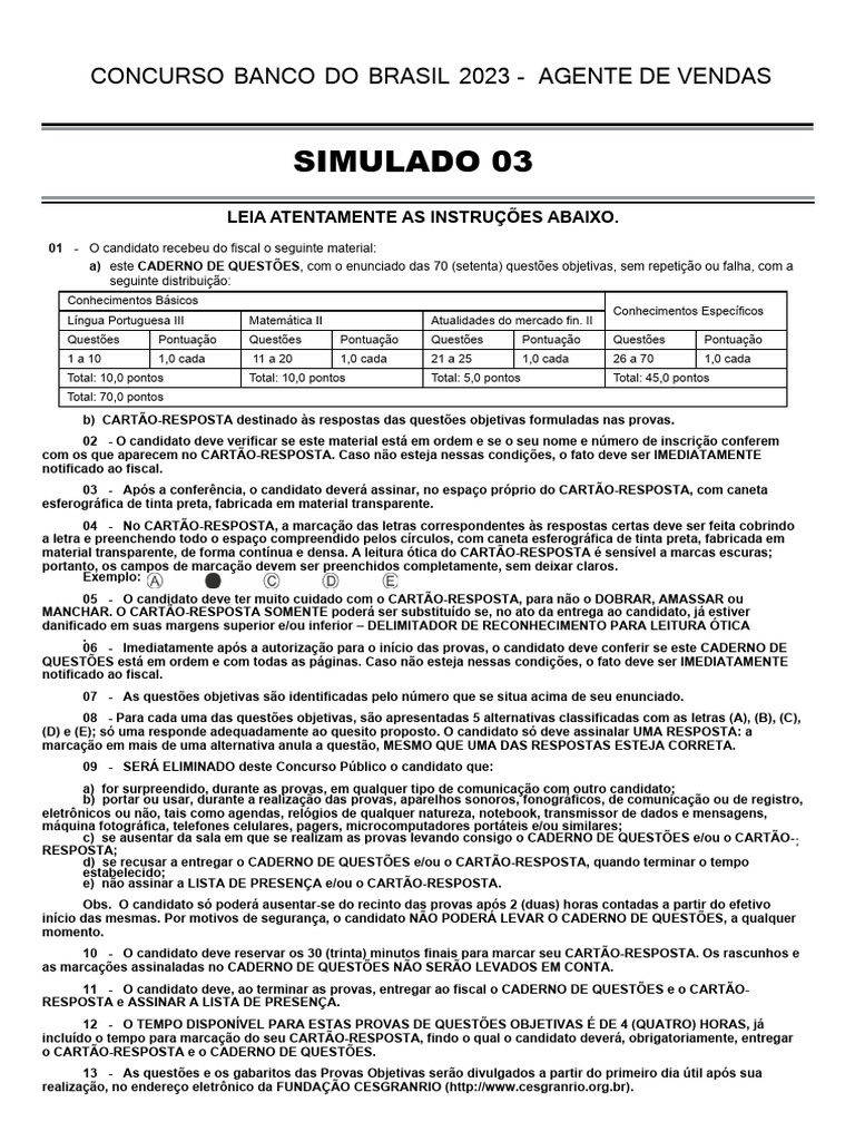 Simulado Concurso Banco Do Brasil 2023 Simulado 03 | PDF | Bancos ...