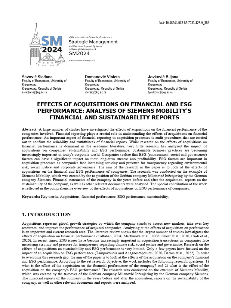 Acquisitions' Impact on Financial and ESG Performance | PDF | Mergers ...