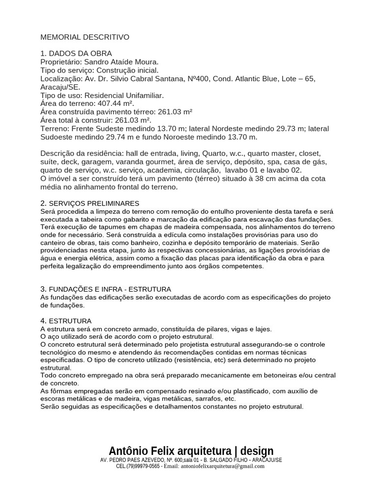Memorial Descritivo de Construção Residencial | PDF | Argamassa ...