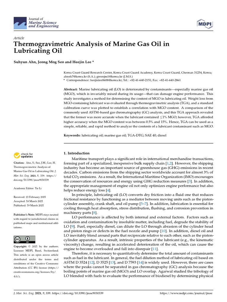 Thermogravimetric Analysis of Marine Gas Oil in Lubricating Oil | PDF ...