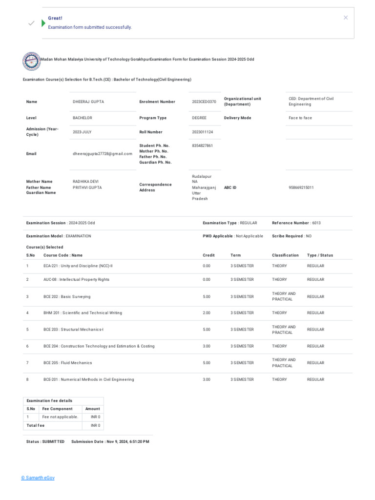B.Tech Civil Engineering Exam Form 2024-25 | PDF | Physical Chemistry ...