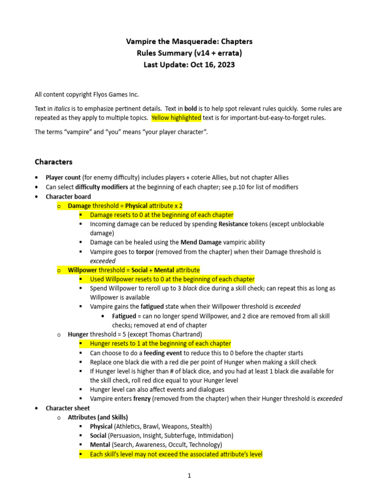 Vampire the Masquerade Rules Summary | PDF | Gaming | Role Playing Games