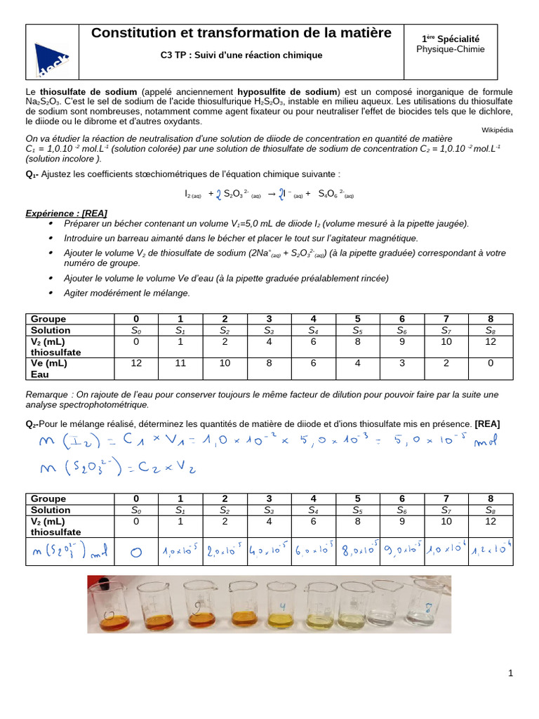 Réaction du thiosulfate et diiode | PDF | Chimie | Substances chimiques