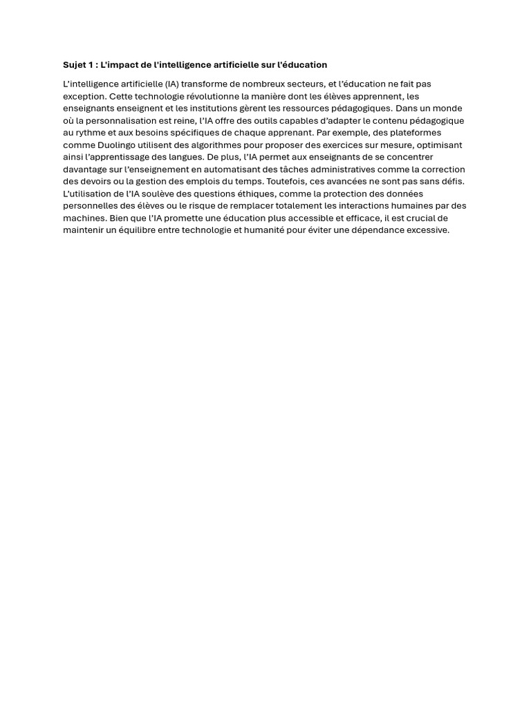 IA et éducation : enjeux et impacts | PDF