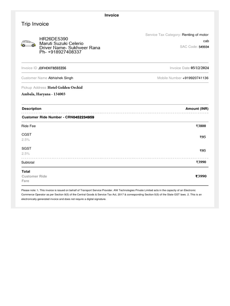 ANI Technologies Trip Invoice Summary | PDF | Invoice