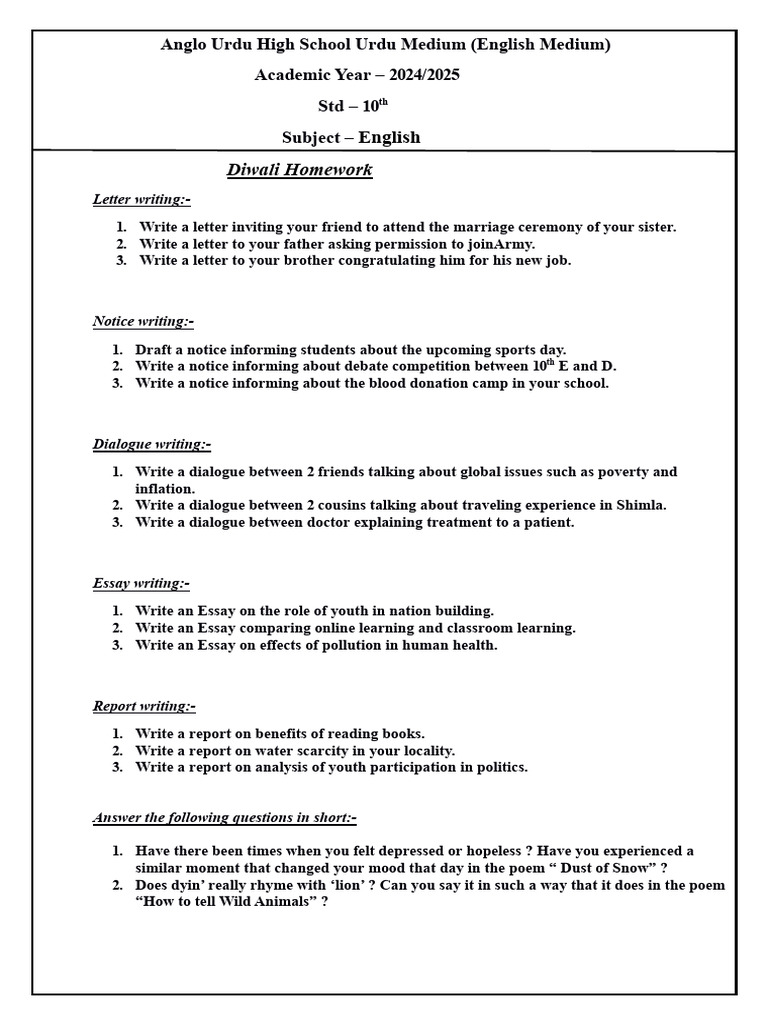 Std 10th English Diwali Homework Pdf