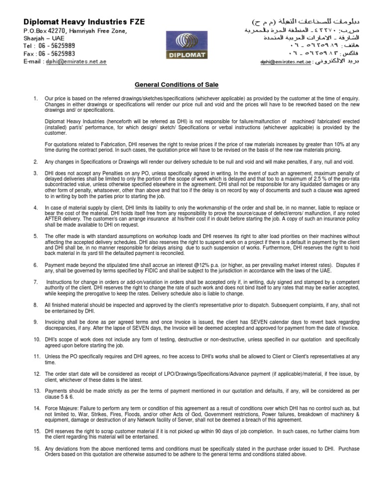 DHI Standard Terms & Conditions of Sale Insurance Invoice