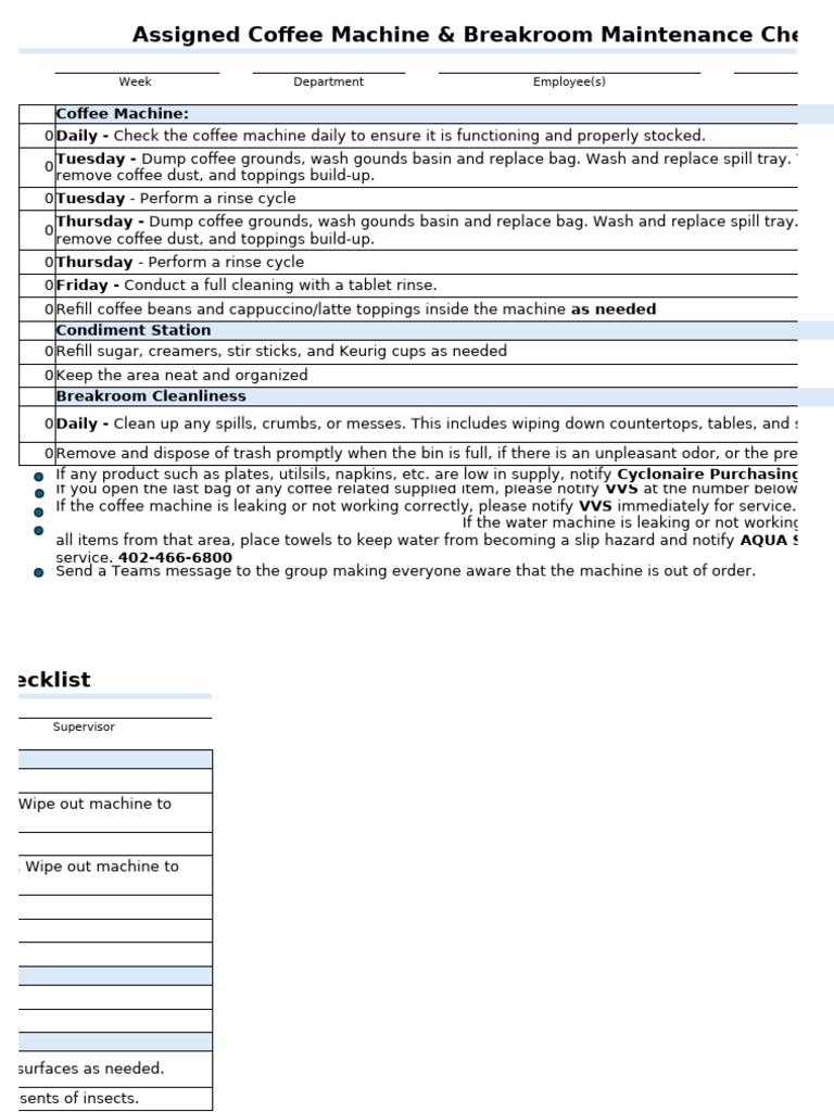Assigned Coffee Machine - Breakroom Maintenance Checklist | PDF