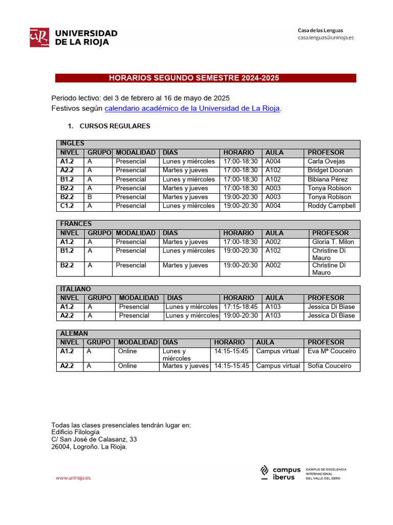 Horarios Cursos Idiomas 2024-2025 | PDF