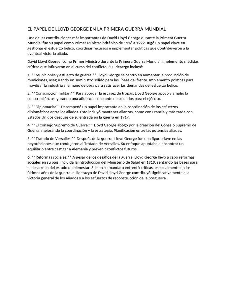 Lloyd George y la Primera Guerra Mundial | PDF