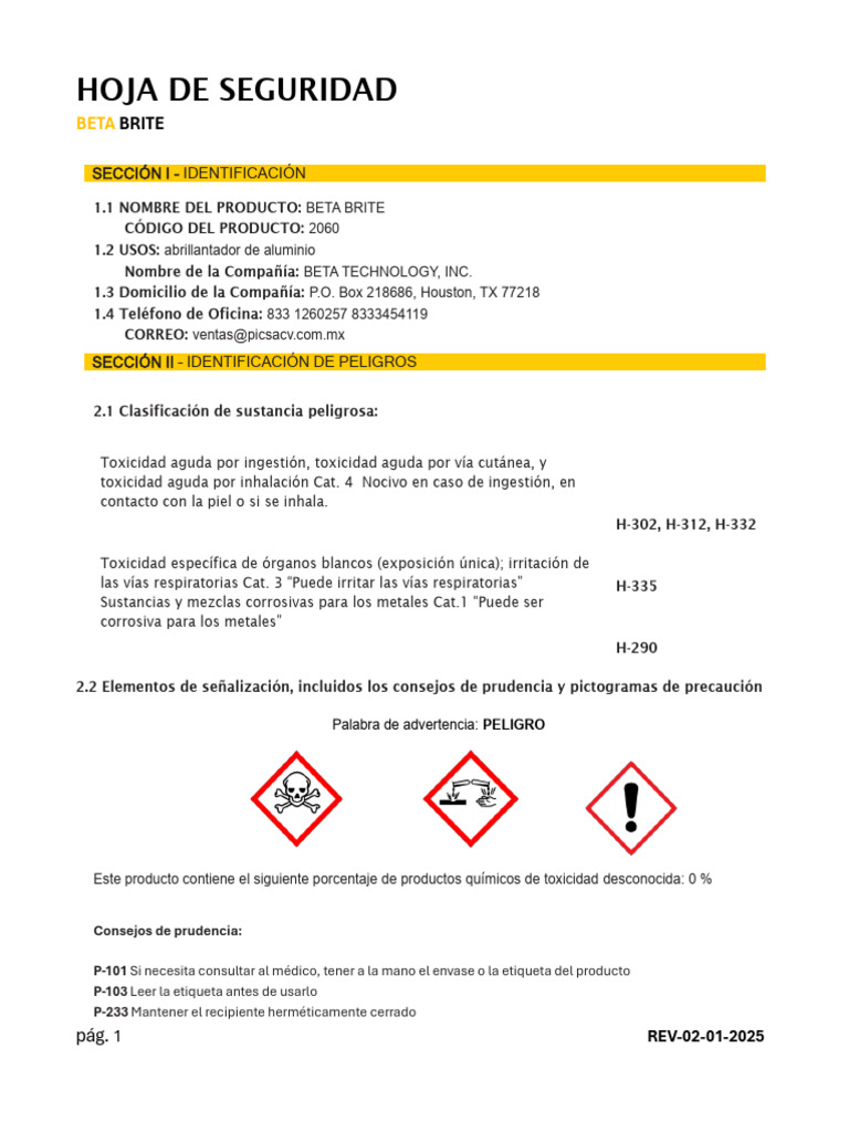 Beta Brite - Hoja de Seguridad | PDF | Residuos | Reciclaje