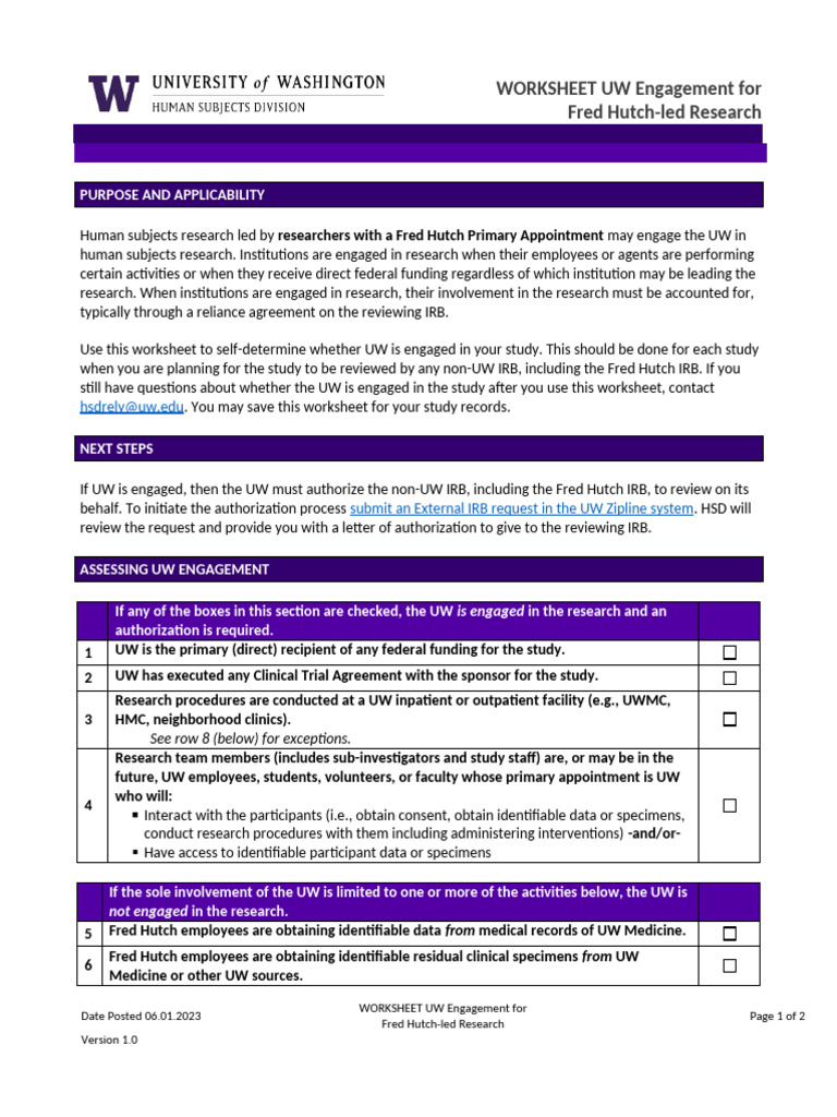 WORKSHEET UW Engagement Fred-Hutch Research v2.0 2023.06.01 | PDF ...