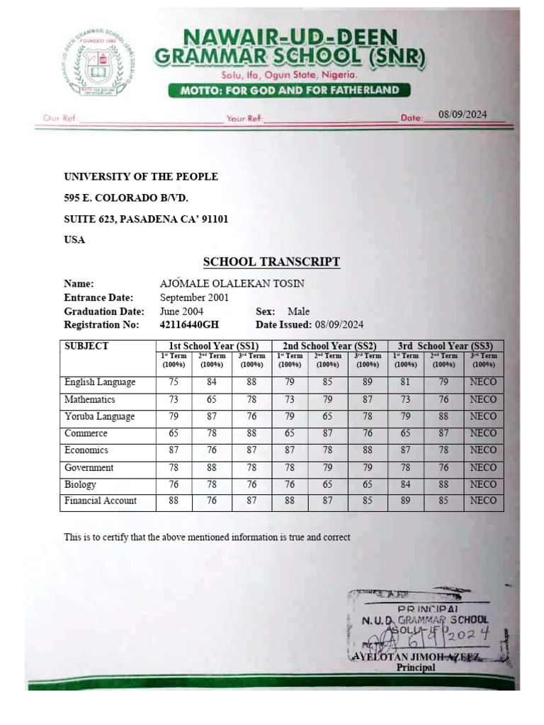 Nigerian Secondary School Transcript Sample | PDF