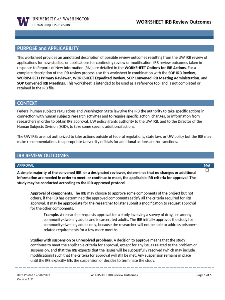 IRB Review Outcomes Worksheet Guide | PDF | Institutional Review Board ...